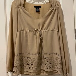 Apostrophe Tan Floral Blouse with Tie-Front